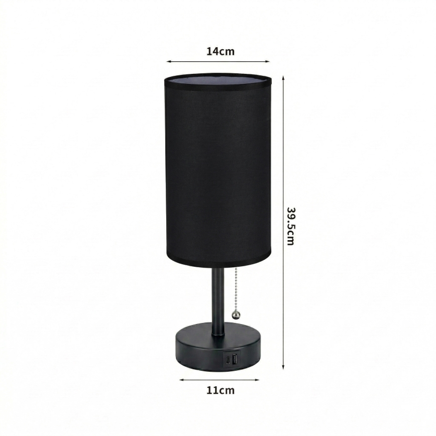 Brilagi - Candeeiro de mesa com porta USB TABLON 1xE27/25W/230V preto