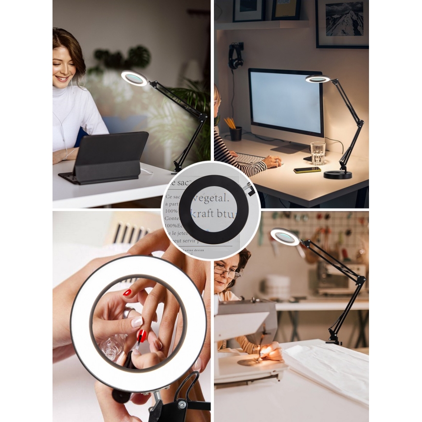 Brilagi - Candeeiro de mesa LED com regulação e lupa LENS LED/12W/5V 3000/4200/6000K preto