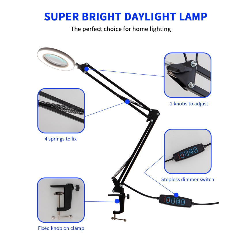 Brilagi - Candeeiro de mesa LED com regulação e lupa LENS LED/12W/5V 3000/4200/6000K preto