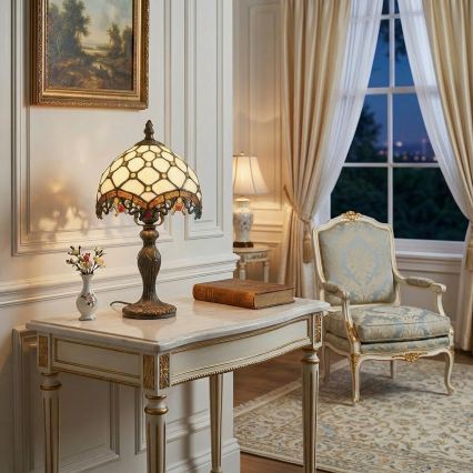 Brilagi - Candeeiro de mesa Tiffany em vitral Marfim 1xE27/60W/230V