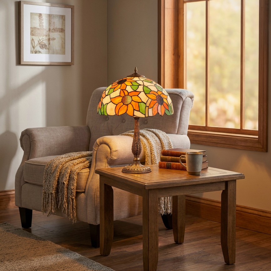 Brilagi - Candeeiro de mesa Tiffany em vitral SUNFLOWER 2xE27/60W/230V