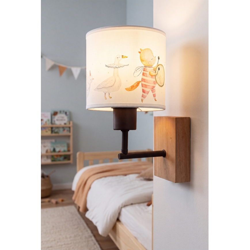 Brilagi - Candeeiro de parede infantil BOBO WOOD 1xE27/25W/230V carvalho/preto/branco/animais