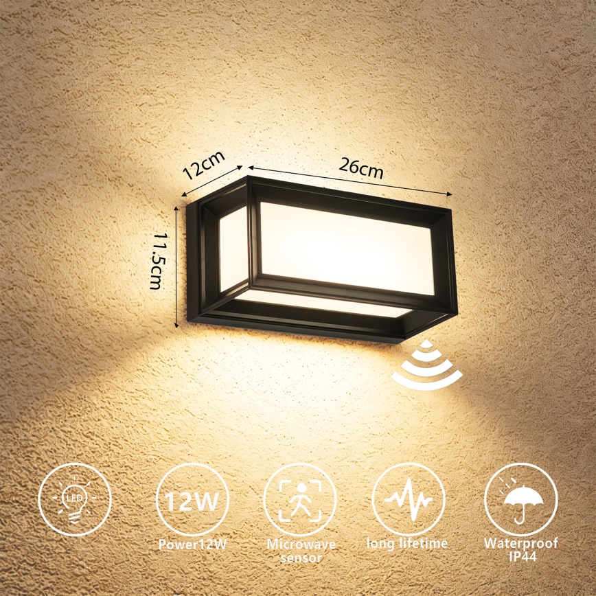 Brilagi - Aplique LED de parede exterior com sensor PARKER LED/12W/230V preto IP44