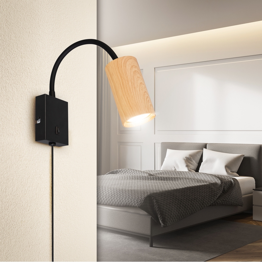 Brilagi - Aplique de parede flexível com interruptor SELE 1xGU10/30W/230V preto/acabamento em carvalho