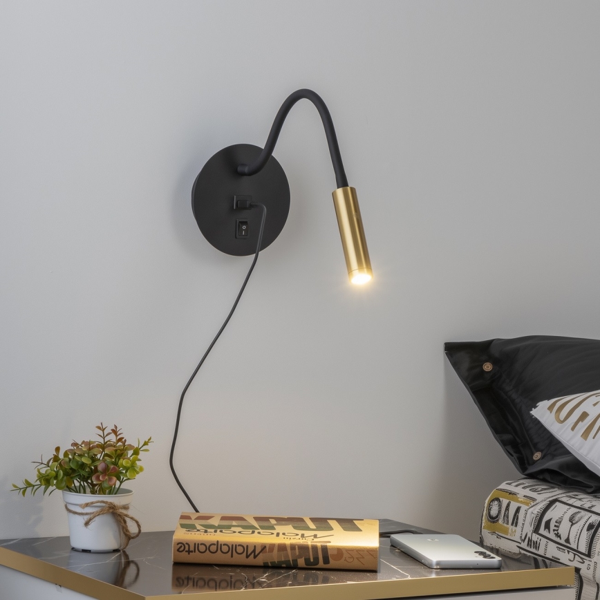 Brilagi - Candeeiro de parede LED flexível com porta USB MAYA LED/3W/230V 4000K preto/dourado