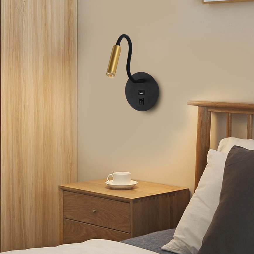 Brilagi - Candeeiro de parede LED flexível com porta USB MAYA LED/3W/230V 4000K preto/dourado