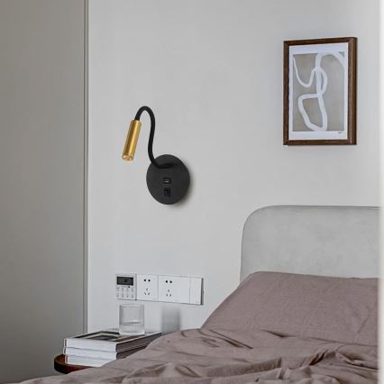 Brilagi - Candeeiro de parede LED flexível com porta USB MAYA LED/3W/230V 4000K preto/dourado