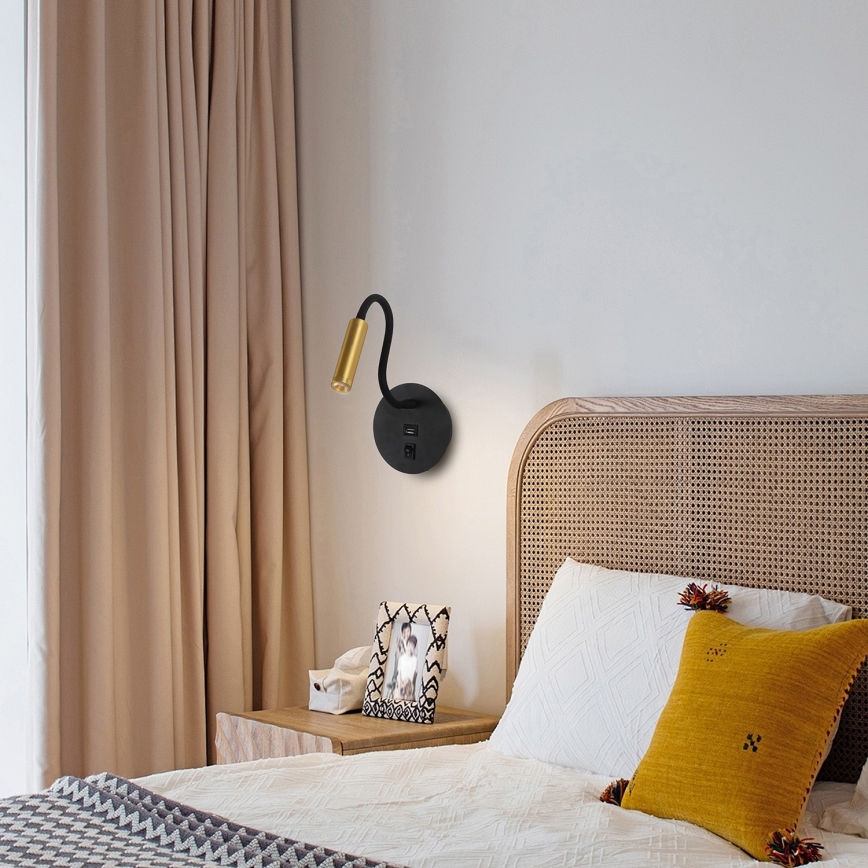 Brilagi - Candeeiro de parede LED flexível com porta USB MAYA LED/3W/230V 4000K preto/dourado