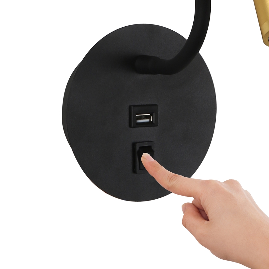 Brilagi - Candeeiro de parede LED flexível com porta USB MAYA LED/3W/230V 4000K preto/dourado