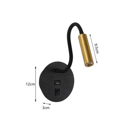 Brilagi - Candeeiro de parede LED flexível com porta USB MAYA LED/3W/230V 4000K preto/dourado