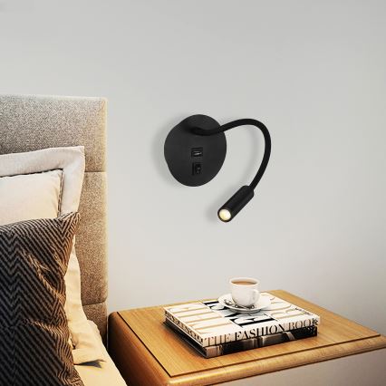 Brilagi - Candeeiro de parede LED flexível com porta USB MAYA LED/3W/230V 4000K preto