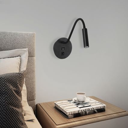 Brilagi - Candeeiro de parede LED flexível com porta USB MAYA LED/3W/230V 4000K preto