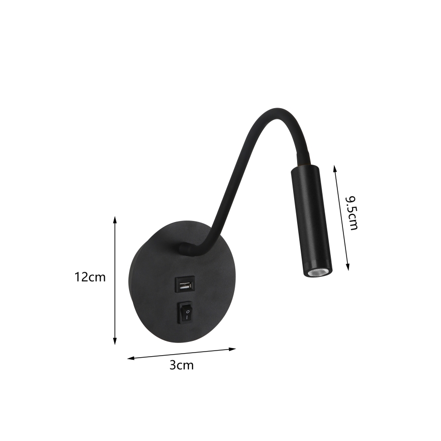 Brilagi - Candeeiro de parede LED flexível com porta USB MAYA LED/3W/230V 4000K preto