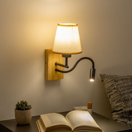 Brilagi - LED Candeeiro de parede flexível NUBILA WOOD 1xE27/25W/230V + LED/3W carvalho/castanho claro