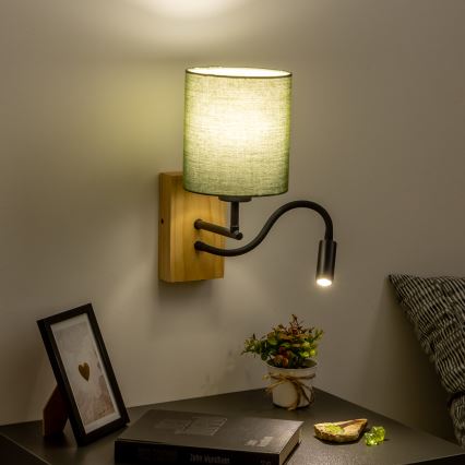 Brilagi - LED Candeeiro de parede flexível NUBILA WOOD 1xE27/25W/230V + LED/3W carvalho/verde