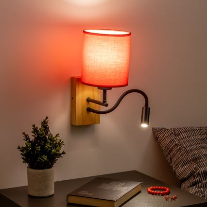 Brilagi - LED Candeeiro de parede flexível NUBILA WOOD 1xE27/25W/230V + LED/3W carvalho/vermelho