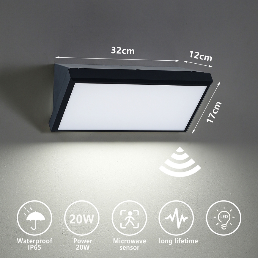 Brilagi - Aplique de parede exterior LED com sensor TRIANGLE LED/20W/230V, preto, IP65
