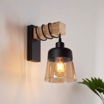 Brilagi - Candeeiro de parede WOOD GLASS 1xE27/60W/230V pinho/preto/castanho fumado