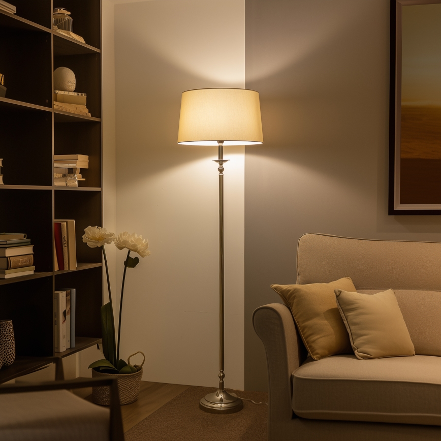Brilagi - Candeeiro de pé LED CERIA 1xE27/60W/230V diâmetro 45 cm cromado brilhante/bege