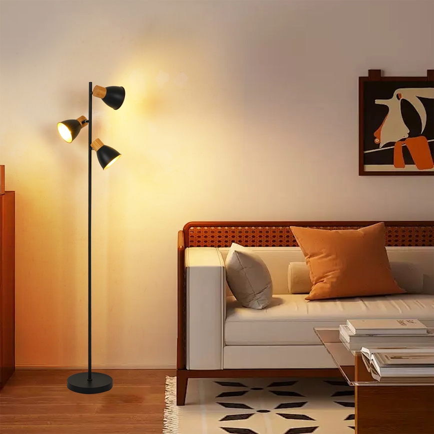 Brilagi - Candeeiro de pé ODENSE 3xE14/10W/230V madeira de seringueira/preto