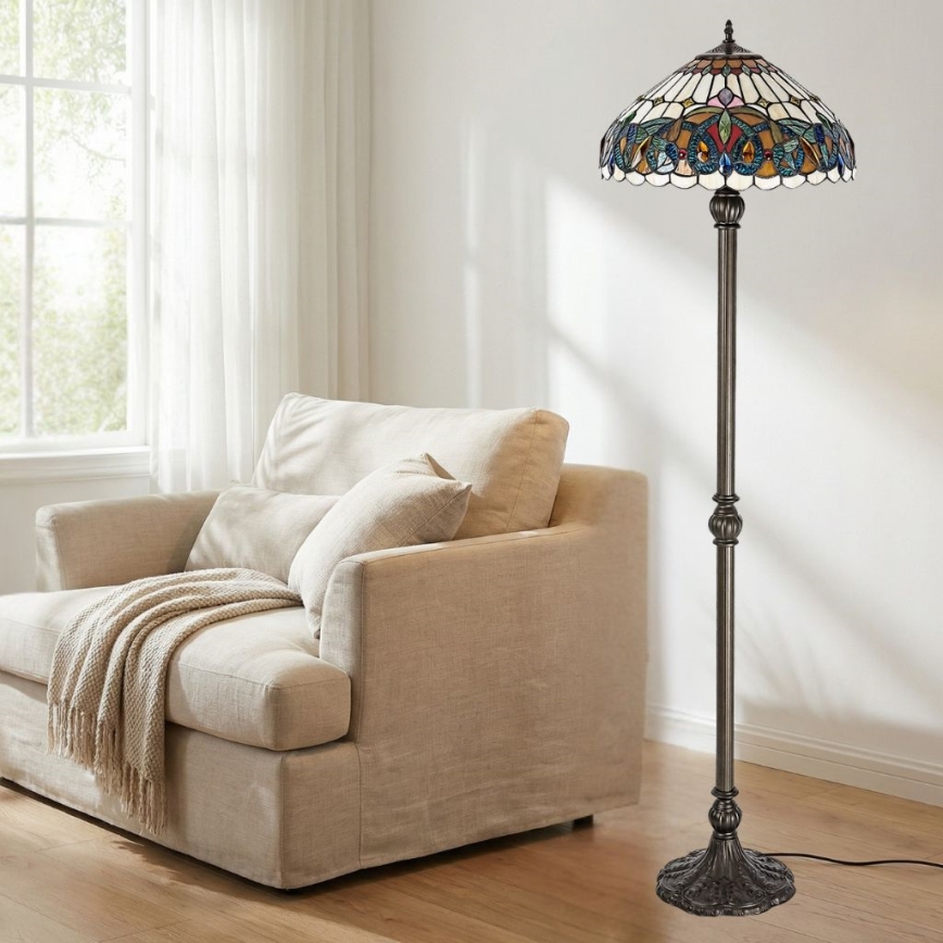 Brilagi - Candeeiro de pé Tiffany em vitral LUISA 2xE27/60W/230V