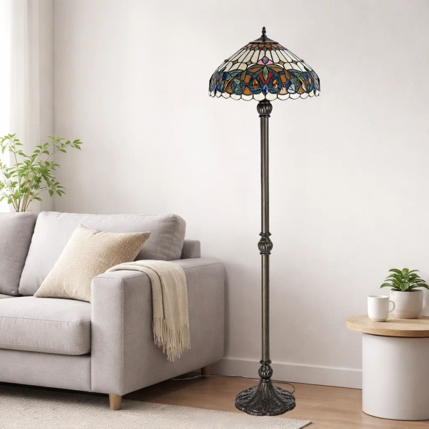 Brilagi - Candeeiro de pé Tiffany em vitral LUISA 2xE27/60W/230V