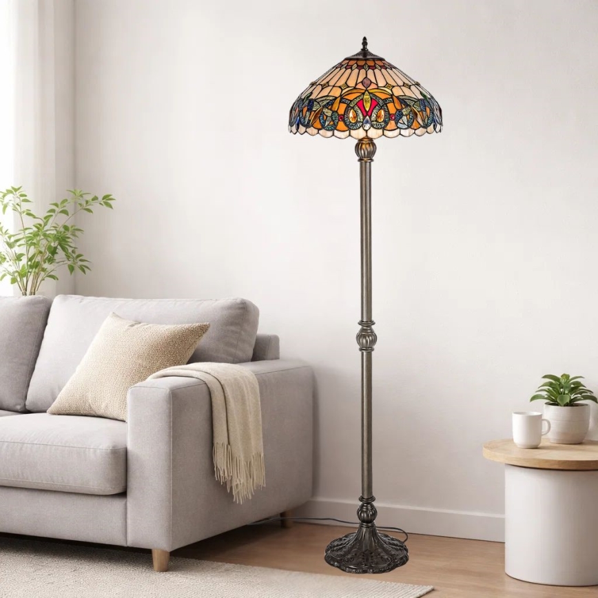 Brilagi - Candeeiro de pé Tiffany em vitral LUISA 2xE27/60W/230V