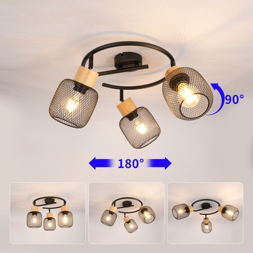 Brilagi - Candeeiro de tecto com 3 focos BASKLITE 3xE27/15W/230V madeira/preto