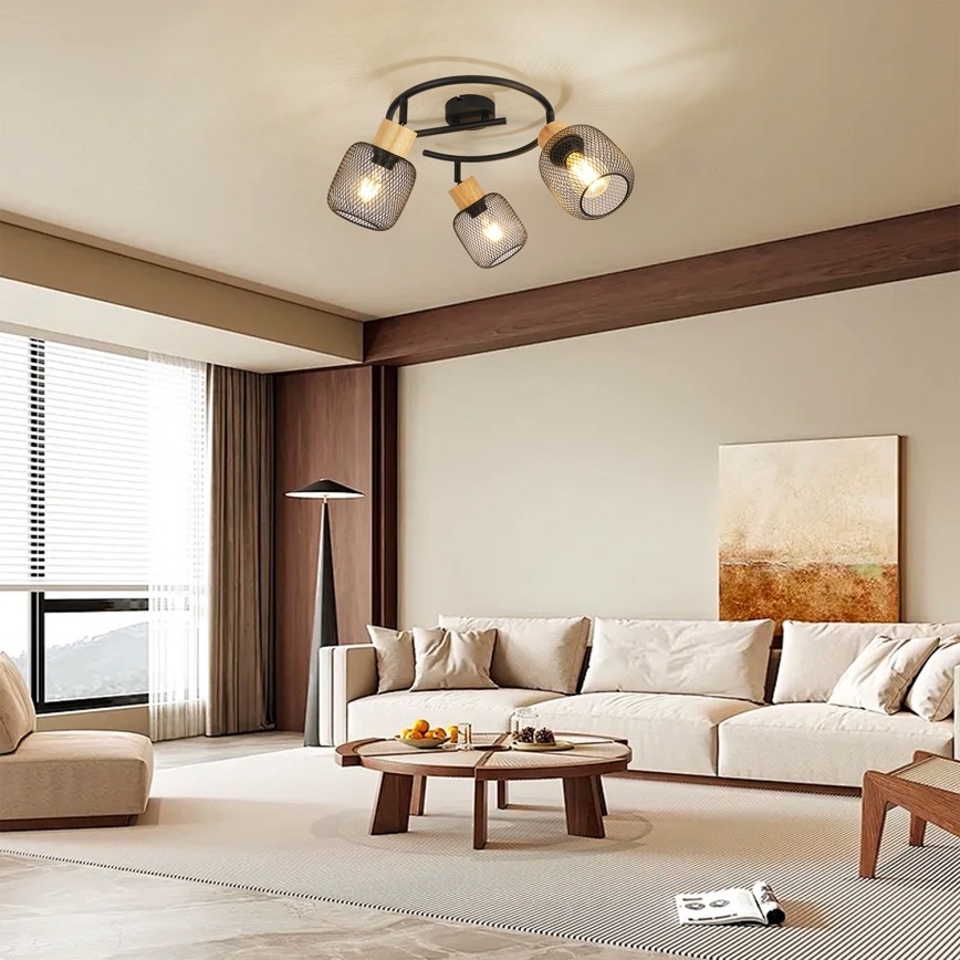 Brilagi - Candeeiro de tecto com 3 focos BASKLITE 3xE27/15W/230V madeira/preto