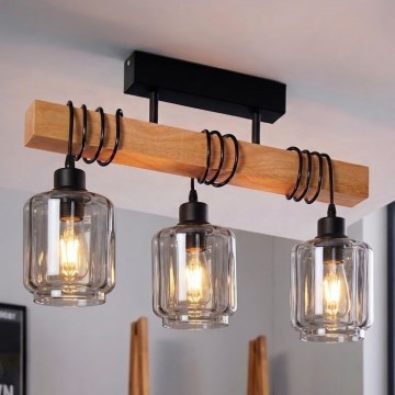Brilagi - Candeeiro de tecto de sobrepor WOOD GLASS 3xE27/60W/230V pinho/preto/bege fumado