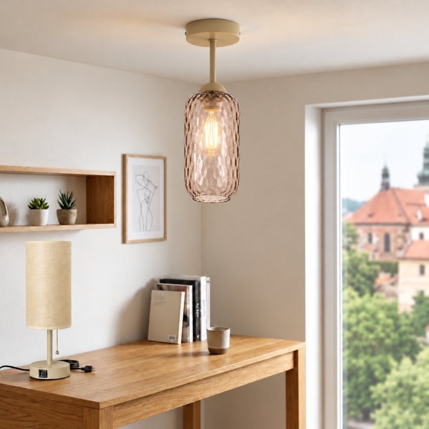 BRILAGI - LED Lustre de teto sobreposto RETRO GLASS 1xE27/60W/230V Ø 14 cm bege/castanho fumado