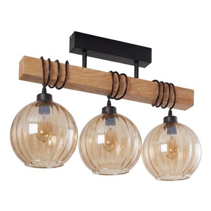 Brilagi - Lustre de teto sobreposto WOOD GLASS 3xE27/60W/230V pinho/preto/marrom fumê