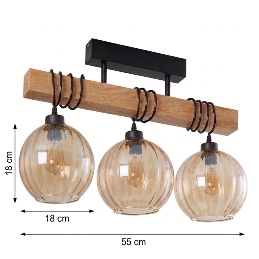 Brilagi - Lustre de teto sobreposto WOOD GLASS 3xE27/60W/230V pinho/preto/marrom fumê