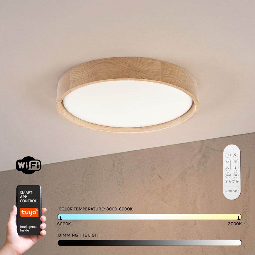 Brilagi - Luminária de teto LED regulável MANAROLA SMART LED/24W/230V 3000-6000K Wi-Fi Tuya Beacon diâmetro 41 cm carvalho + controlo remoto