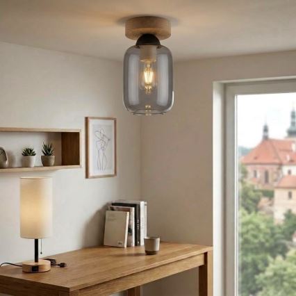 BRILAGI - Luminária de teto LED RETRO GLASS 1xE27/60W/230V Ø 14 cm carvalho/cinzento fumado