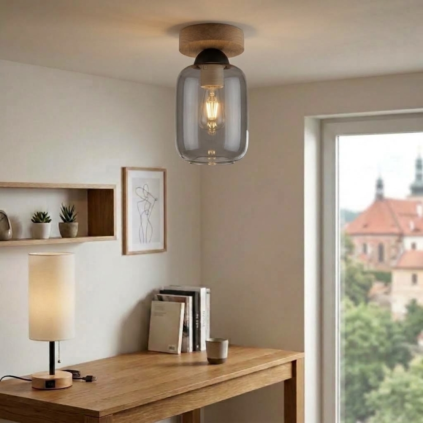 BRILAGI - Luminária de teto LED RETRO GLASS 1xE27/60W/230V Ø 14 cm carvalho/cinzento fumado