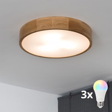 Brilagi - Candeeiro de tecto LED RGBW dimerizável CARVALHO 3xE27/15W/230V 2700-6500K Wi-Fi carvalho Ø 47,5 cm