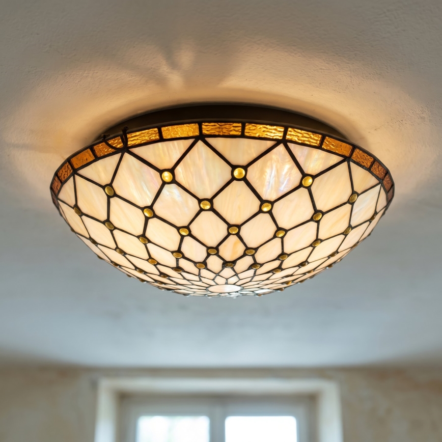Brilagi - Candeeiro de teto em vitral Tiffany Marfim 2xE27/60W/230V Ø 40 cm