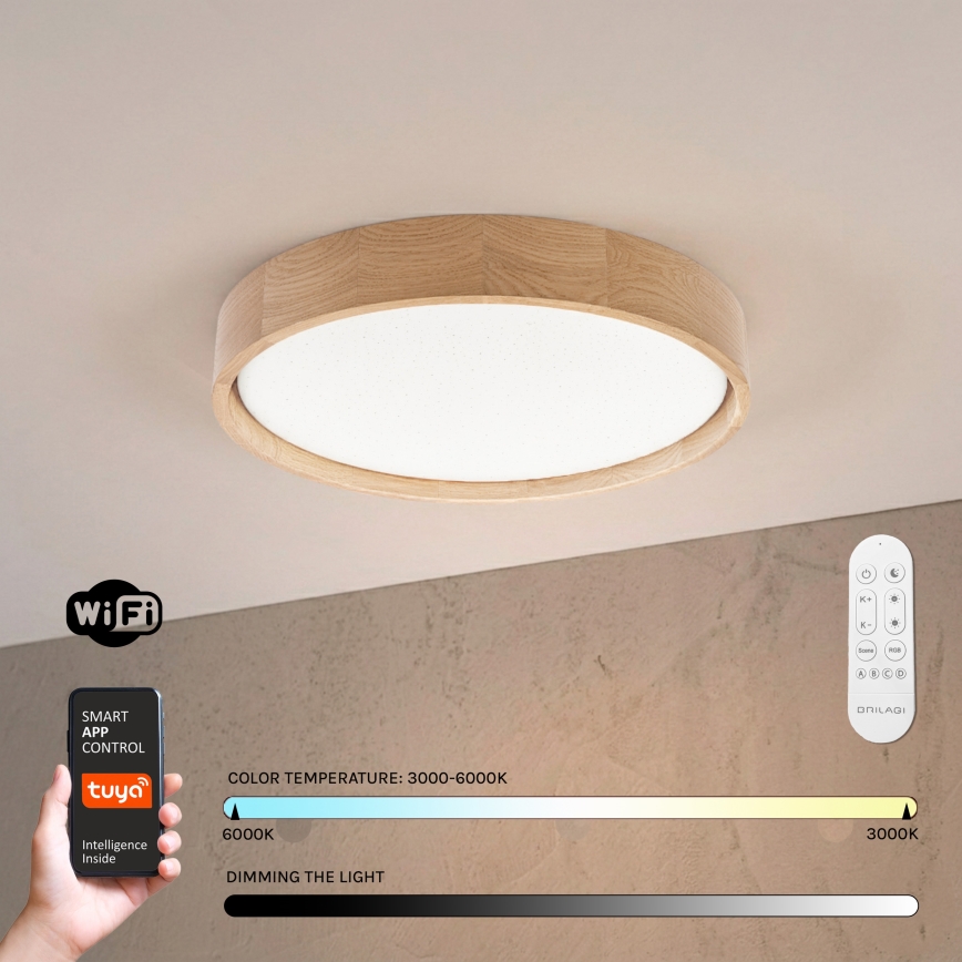Brilagi - Luminária de teto LED dimerizável MANAROLA SMART STARS LED/24W/230V 3000–6000K Wi-Fi Tuya Beacon Ø 41 cm Carvalho + controlo remoto