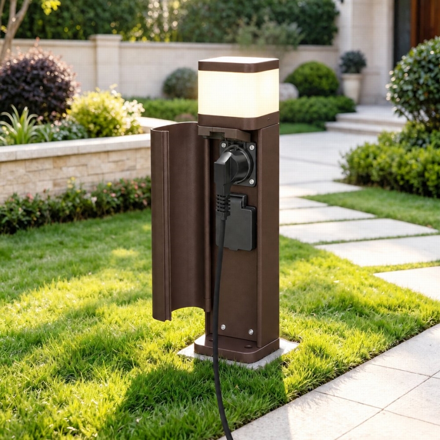BRILAGI - Candeeiro exterior com 2 tomadas SCHUKO PILLAR 1xG9/11W/230V IP44 castanho