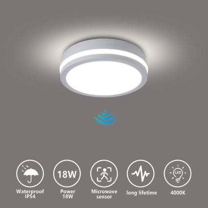 Brilagi - Luminária de teto LED para exterior com sensor BENE LED/18W/230V Ø 21,5 cm branca IP54