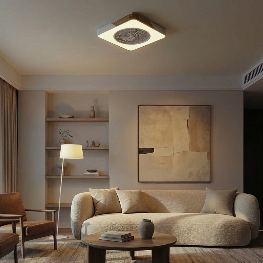 Brilagi - Luminária de teto LED dimerizável com ventilador LED/38W/230V 3000-6500K 50x50 cm branco/carvalho + controlo remoto