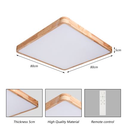 Brilagi - Candeeiro de teto LED dimerizável WOODLINE SQUARE LED/100W/230V 3000-6000K carvalho 80x80 cm + comando remoto