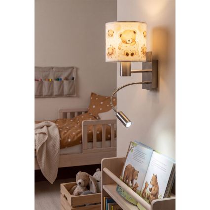 Brilagi - Lâmpada de parede LED flexível infantil BOBO 1xE27/25W/230V + LED/3W cromado fosco/branco/ursinhos