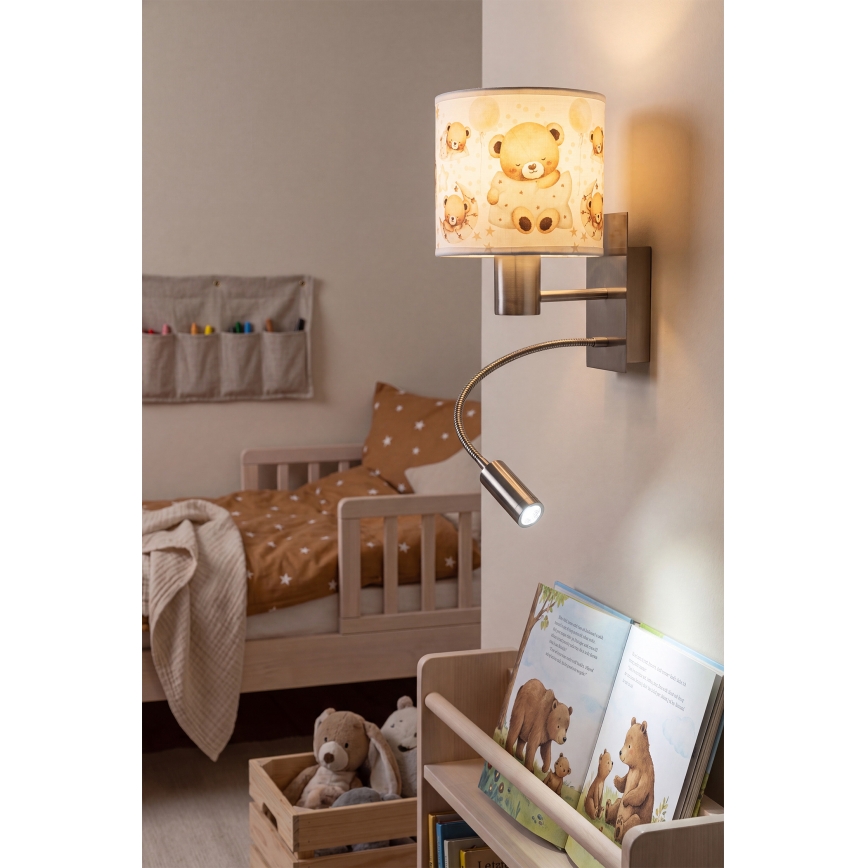 Brilagi - Lâmpada de parede LED flexível infantil BOBO 1xE27/25W/230V + LED/3W cromado fosco/branco/ursinhos
