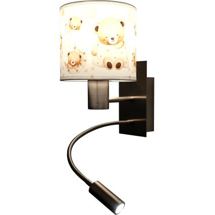 Brilagi - Lâmpada de parede LED flexível infantil BOBO 1xE27/25W/230V + LED/3W cromado fosco/branco/ursinhos