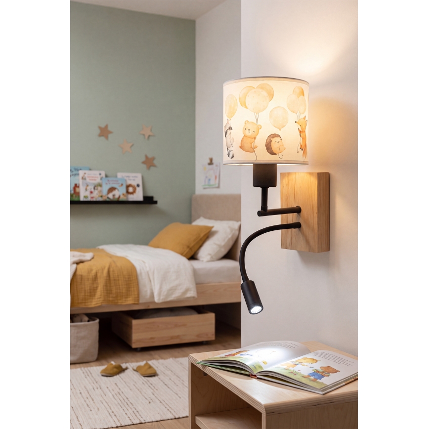 Brilagi - Candeeiro de parede infantil flexível LED BOBO WOOD 1xE27/25W/230V + LED/3W carvalho/preto/branco/motivos de animais