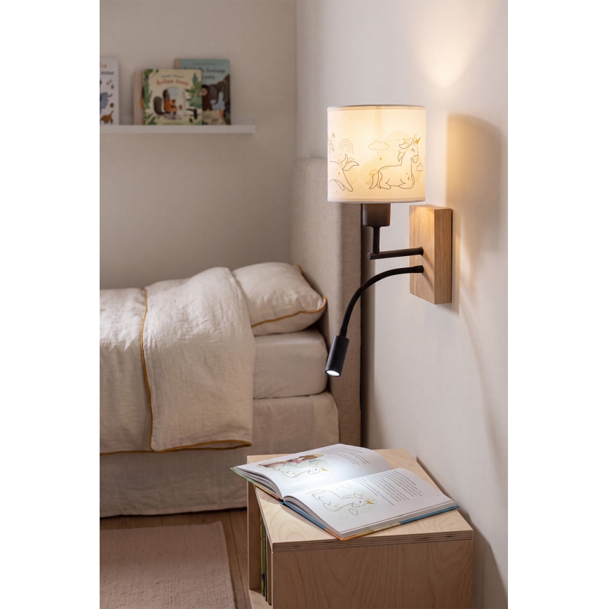 Brilagi - Lâmpada de parede infantil LED flexível BOBO WOOD 1xE27/25W/230V + LED/3W carvalho/preto/branco/unicórnios