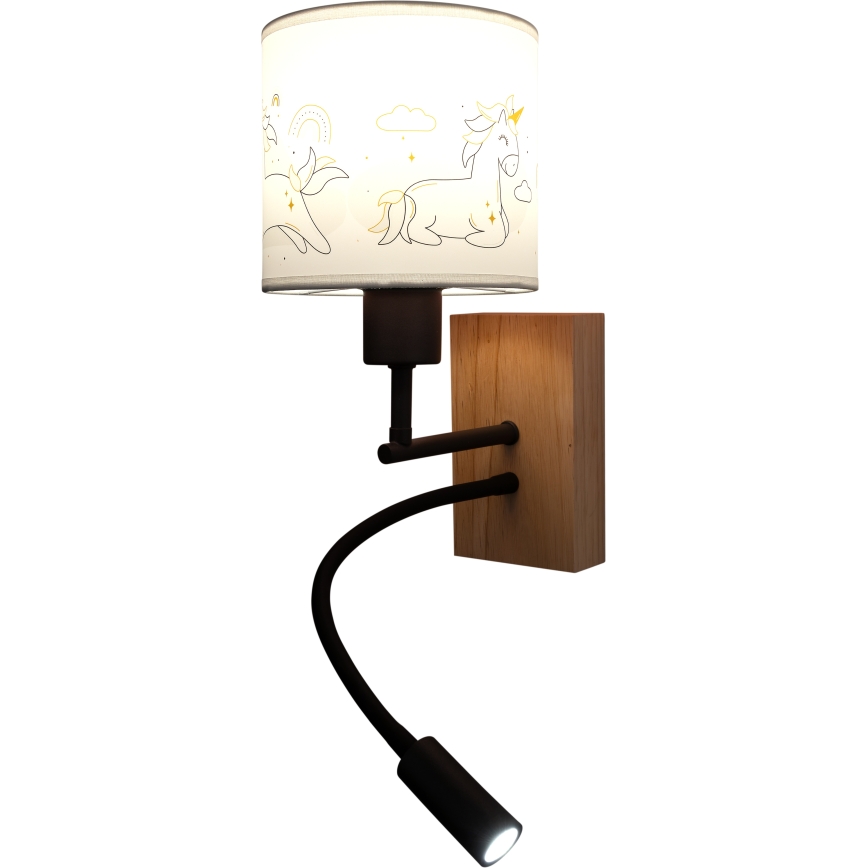 Brilagi - Lâmpada de parede infantil LED flexível BOBO WOOD 1xE27/25W/230V + LED/3W carvalho/preto/branco/unicórnios