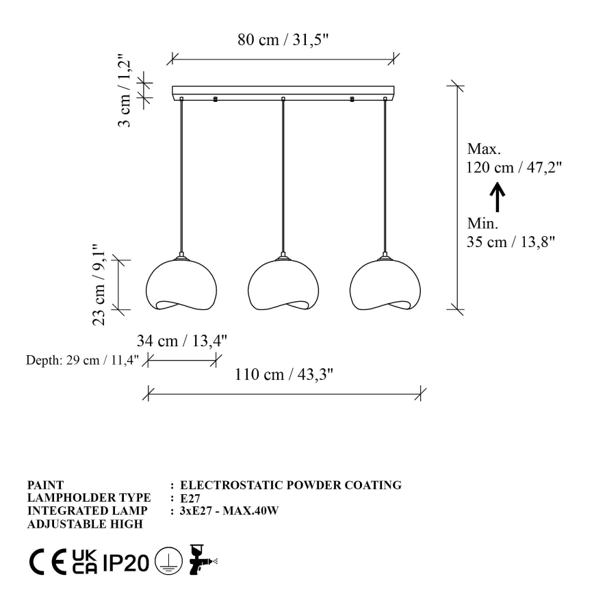 Brilagi - Candeeiro suspenso com cabo WABI SABI 3xE27/40W/230V branco